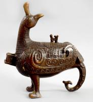 Kínai bronz madár figurális ékszertartó, m: 7 cm