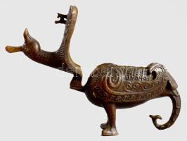 Kínai bronz madár figurális ékszertartó, m: 7 cm