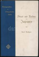Rathgen, Karl: Staat und Kultur der Japaner. Monographien zur Weltgeschichte XXVII. Bielefeld-Leipzig, 1907, Velhagen &amp; Klasing, 3 sztl. lev.+ 140 p.+ 1 (színes) t. Fekete-fehér képekkel gazdagon illusztrálva. Német nyelven. Kiadói aranyozott egészvászon-kötés.