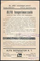 Alfa tengerimorzsoló szelelővel, kézi meghajtásra, kétoldalas reklámlap, kis szakadásokkal, 23×15 cm