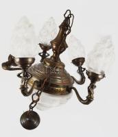 Atlaszos ötágú csillár, lángot formázó lámpabúrákkal, 6 égővel. Réz, XX. sz. eleje. d:60 cm, h: 130 cm, lámpatest hossza 55 cm Jó állapotban, egy búrán minimális pattanás.