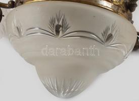 Atlaszos ötágú csillár, lángot formázó lámpabúrákkal, 6 égővel. Réz, XX. sz. eleje. d:60 cm, h: 130 ...