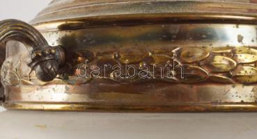 Atlaszos ötágú csillár, lángot formázó lámpabúrákkal, 6 égővel. Réz, XX. sz. eleje. d:60 cm, h: 130 ...