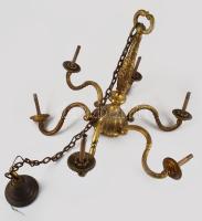 Tűziaranyozott bronz hatágú csillár, d: 75 cm, m,: 60 cm + lánc 100 cm, össz 160 cm Eredeti vezetékezéssel.