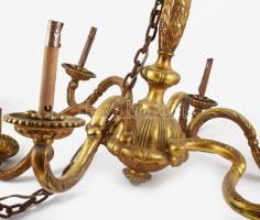 Tűziaranyozott bronz hatágú csillár, d: 75 cm, m,: 60 cm + lánc 100 cm, össz 160 cm Eredeti vezetéke...