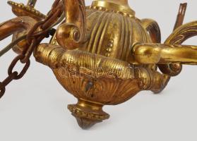 Tűziaranyozott bronz hatágú csillár, d: 75 cm, m,: 60 cm + lánc 100 cm, össz 160 cm Eredeti vezetéke...
