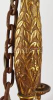 Tűziaranyozott bronz hatágú csillár, d: 75 cm, m,: 60 cm + lánc 100 cm, össz 160 cm Eredeti vezetéke...