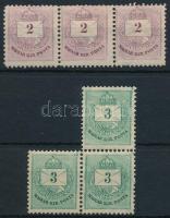 1881 2kr II. B hármascsík képbe fogazva (foghibák / perf faults) + 3kr II. E hármastömb festékfoltok