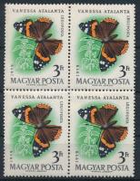 1959 Lepkék 3Ft négyestömb, a 2 felső bélyegen vízszintes fehér csík (lemezhiba)