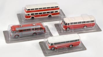 4 db autóbusz makett: Ikarus 311, Ikarus 620, Büssing D2U, Volvo B616. Eredeti tokjukban, h: 11,5 - 14 cm