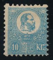 1871 Kőnyomat 10kr a ritka tejkékbe hajló világoskék színváltozatban. Vízszintesen kissé decentrált, eredeti gumival, felül nyolc foglyukkal, a 32. ívhelyről származik. Rendkívül ritka bélyeg, kivételesen szép állapotban! (300-540.000) / Mi 4 in a light blue color variant tending towards milky blue. Horizontally shifted perforation, with original gum, eight perforation holes at the top, sheet number 32. Extremely rare stamp, in exceptionally nice condition! Certificate: Visnyovszki