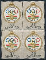 1960 Olimpia (III.) - Róma 3Ft négyes tömb nyitott karikák tévnyomat. A kiadás ritka nyomási eltérése! / Mi 1696 block of 4 with open circles plate flaw