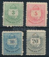 1881 4 db Színesszámú krajcáros bélyeg, vésetjavítások, foltok