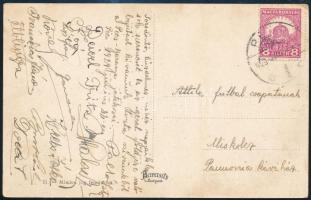 1929. jún. 22. Pécs, a Pécs-Baranya FC levelezőlapja a Miskolci Attila FC futballcsapatának: ,,Sorsdöntő, küzdelmes, nehéz napjaikban sok szerencsét és az igéret földjére való bejutást kívánunk [...]", a csapat tagjainak aláírásaival, köztük Tritz Lőrinc (1902-1969), Iváncsics János, stb. (összesen 13 db aláírással)