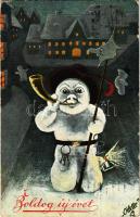 Boldog Újévet! Hóember kürttel / New Year greeting card with snowman and horn. Raphael Tuck &amp...