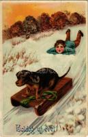 1911 Boldog Újévet! Szánkózó tacskó / New Year greeting card with sledding Dachshund dog. H&amp;...