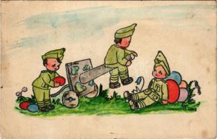 1944 Tüzérek húsvéti tojásokkal. Kézzel festett lap. Ezt a levelezőlapot Greskovics Teréz, a 416. sz. diákkaptár tagja, az esztergomi rk. líceum III. osztályos tanulója tervezte / WWII Hungarian hand-painted military art postcard with Easter greeting + tábori posta (fa)