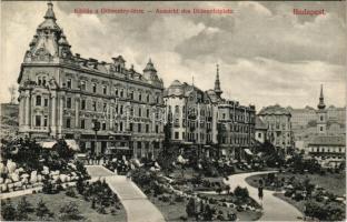 Budapest I. Kilátás a Döbrentei térre, villamos, Erzsébethíd kávéház, üzletek. Divald Károly műintézete 1848-1908.