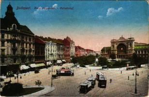 1916 Budapest VII. Keleti pályaudvar, vasútállomás, Baross szobor, villamos, Dr. Radnai Sándor fogorvosi rendelője, üzletek (kopott sarkak / worn corners)