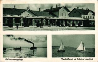 1940 Balatonszentgyörgy, vasútállomás és balatoni részletek, vonat, gőzhajó, vitorlás (fl)