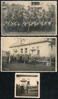 1939 Alsóapsa (Nizsnya Apsa), Kárpátalja, a 23. egészségügyi oszlop tisztikara az alsóapsai gyengélkedőház előtt (köztük tábori lelkésszel), 3 db fotó, kettő a hátoldalon feliratozva, az egyiken aláírásokkal, köztük (a képen nem szereplő, de Kárpátalja visszafoglalásában a 15. kerékpáros zászlóalj parancsnokaként résztvevő) vitéz Oszlányi Kornél (1893-1960) alezredes, későbbi vezérőrnagy aláírásával. Hátoldali ragasztásnyomokkal, 6x6 cm és 8,5x13,5 cm