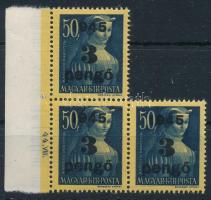 1945 Kisegítő 3P/50f hármas összefüggés festékcsíkokkal + ívszéli számokkal