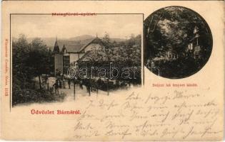 1900 Báznafürdő, Bad Baassen, Baile Bazna; Meleg fürdő épülete, Svájczi lak fenyves között, villa. Wlaszlovits Gusztáv 1113. / spa, villa. Art Nouveau (EK)