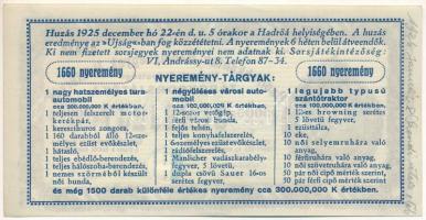 Budapest 1925. "Hadirokkantak, Hadiözvegyek, Hadiárvák Nemzeti Szövetsége Tárgysorsjátéka"...