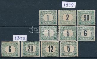 1905-1909 Zöldportó 10 db bélyeg vízjelállások szerint rendezve
