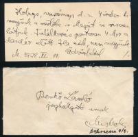 1938 Bruckner Győzőné Farkas Gizella (1883-1965), Bruckner Győző (1877-1962) jogtörténész, jogász, egyetemi tanár, az MTA tagja feleségének autográf sorai névjegykártyáján, Benkő László (1912-2001) jogász részére, borítékkal