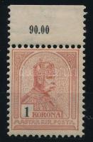 1904 Turul 1K ívszéli bélyeg, az ívszélen jelzéssel, 3. vízjelállással, postatiszta luxus minőségben, RR! (120.000+)