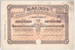 Svájc 1927. Zürich "Bauxit Tröszt Részvénytársaság" öt darab részvénye egyben, egyenként 50Fr-ról bélyegzésekkel, szelvényekkel, szárazpecséttel, perforációval T:F Switzerland 1927. Zurich "Bauxit Trust Joint-stock Company" 5 shares, all with the value of 50 Francs, with stamps and coupons and embossed stamp, with perforation C:F