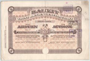 Svájc 1926. Zürich "Bauxit Tröszt Részvénytársaság" öt darab részvénye egyben, egyenként 50Fr-ról bélyegzésekkel, szelvényekkel, szárazpecséttel, perforációval T:F Switzerland 1926. Zurich "Bauxit Trust Joint-stock Company" 5 shares, all with the value of 50 Francs, with stamps and coupons and embossed stamp, with perforation C:F