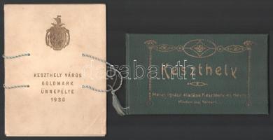 "Keszthely város Goldmark ünnepélye 1930." Goldmark Károly 1830-1930. Keszthely, 1930., Mérei-ny., 31 p. Kiadói zsinórfűzött papírkötés, Keszthely város aranyozott címerével az elülső táblán, 2 helyen feltehetőleg az ünnepség szervezőinek aláírásaival. + Keszthely. Keszthely-Hévíz, én., Mérei Ignácz, 12 (fekete-fehér képeslapok) t. Kiadói szecessziós aranyozott haránt-alakú egészvászon-kötés, sérült kötéssel.