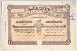 Svájc 1927. Zürich "Bauxit Tröszt Részvénytársaság" tíz darab részvénye egyben, egyenként 50Fr-ról bélyegzésekkel, szelvényekkel, szárazpecséttel T:F Switzerland 1927. Zurich "Bauxit Trust Joint-stock Company" 10 shares, all with the value of 50 Francs, with stamps and coupons and embossed stamp C:F