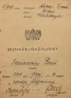 1939 Telkibánya, munkásigazolvány Gróf Károlyi Imre erdőhivatala alkalmazottja részére, néhány bejeg...