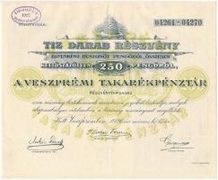 1926. Veszprém "A Veszprémi Takarékpénztár Részvénytársaság" tíz darab részvénye egyben, összesen 250P-ről, szárazpecséttel, szelvényekkel T:II-
