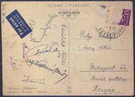 1952 Az Aranycsapat hét tagja által aláírt képeslap a július 28.-i Svédország ellen játszott győztes mérkőzés után (6:0), Puskás, Grosics, Bozsik, Budai, Kocsis, Lóránt, Buzánszky aláírások