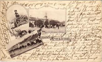 1898 Eperjes, Presov; Szentháromság szobor, utca, folklór. Szecessziós-virágos keret / Holy Trinity statue, street view, folklore. Art Nouveau, floral frame (EK)