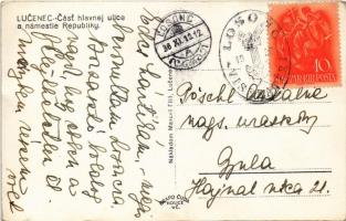 Losonc, Lucenec; Cast hlavnej ulice a námestie Republiky / Fő utca, Köztársaság tér, Bata, Tarjányi,...