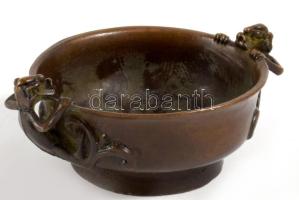Kínai réz / bronz tálka, sárkány figurális fülekkel, jelzett, 11x8,5 cm