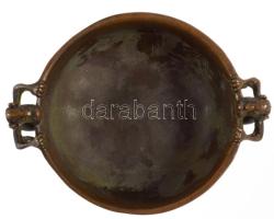 Kínai réz / bronz tálka, sárkány figurális fülekkel, jelzett, 11x8,5 cm