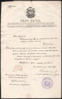 1925 Miskolc, Papp Antal (1867-1945) görögkatolikus püspök, címzetes érsek, a Miskolci Apostoli Exarchátus kormányzójának levele Kobulniczky (Cirill) Cyrill (1882-1949) részére, tanítói fegyelmi tanács elnökévé való kinevezése tárgyában, Papp Antal és Szántay-Szémán István (1880-1960) tb. kanonok, iskolaigazgató aláírásával, bélyegzővel. Kisebb foltokkal, lapszéli sérülésekkel, 33,5x21 cm