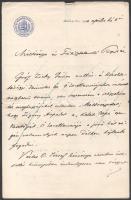 1910 Prohászka Ottokár (1858-1927) püspök autográf baráti hangú levele Vértes O. József (1881-1953) pszichológus, gyógypedagógus részére, minisztériumi levélen, amit Vértesnek továbbít