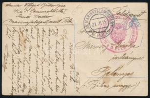 1915 Tábori posta képeslap piros "TELEGRAPHENBUREAU DER K.U.K. KRIEGSMARINE IN POLA" , "MFP / POLA"