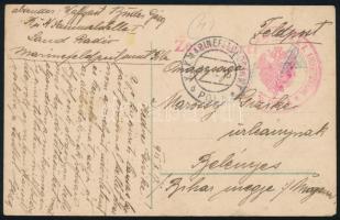 1915 Tábori posta képeslap piros "TELEGRAPHENBUREAU DER K.U.K. KRIEGSMARINE IN POLA" , "MFP / POLA"