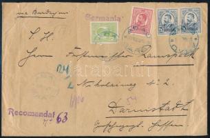 1914 Ajánlott levél 3 színű 4 bélyeges bérmentesítéssel kék "ASAU / GARA"