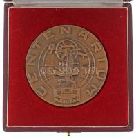 1976. "100 éves a Magyar Optikai Művek 1876-1976 / Centenárium MOM Budapest" kétoldalas bronz emlékérem, kopott dísztokban (81mm) + "100 MOM" zománcozott, aranyozott fém kitűző (13,5x17mm) T:AU,XF