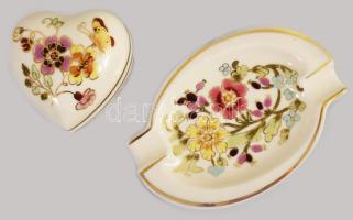 Zsolnay pillangó mintás szív alakú bonbonier 6,5x6,5 cm + virágmintás hamuzó h: 12 cm