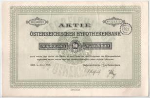 Ausztria / Bécs 1922. "Osztrák Jelzálogbank" részvénye 200K-ról német nyelven szelvényekkel, felülbélyegzéssel T:AU Austria / Vienna 1922. "Österreichischen Hypothekenbank" share about 200 Corona with coupons and stamp C:AU
